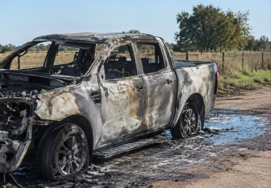Una camioneta quedó destruida por un incendio en un camino de Firmat
